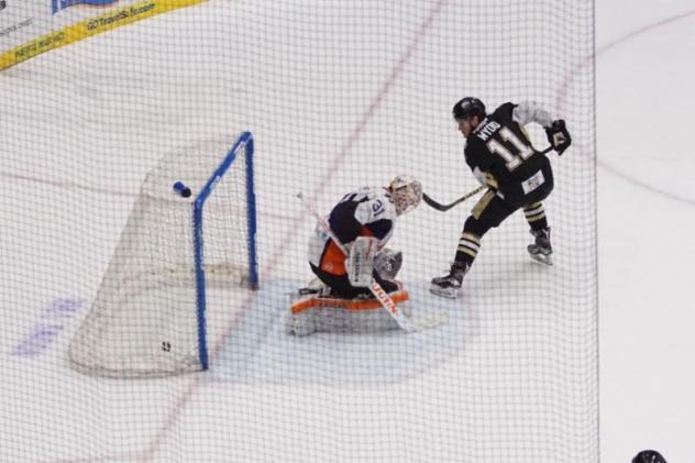 Cody Wydo of the Wheeling Nailers Scores vs. the Reading Royals