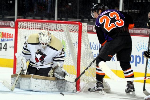 Lehigh Valley Phantoms Left Wing Taylor Leier Denied by the Wilkes-Barre/Scranton Penguins