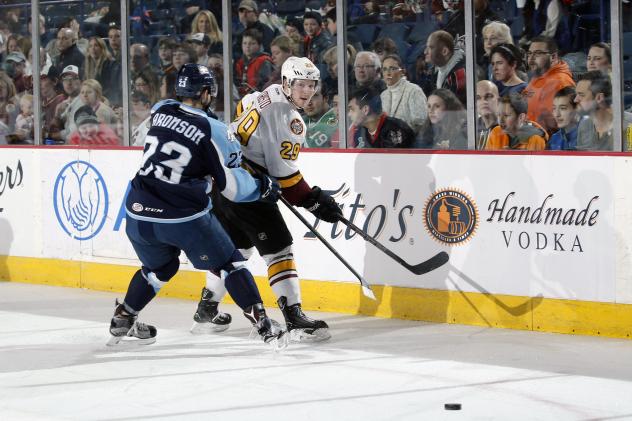 Chicago Wolves RW Danny Kristo against the Boards vs. the Milwaukee Admirals