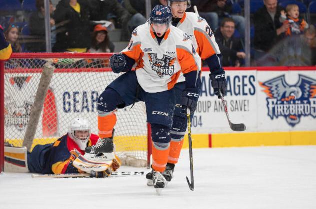 Flint Firebirds RW Will Bitten Celebrates a Goal vs. the Erie Otters