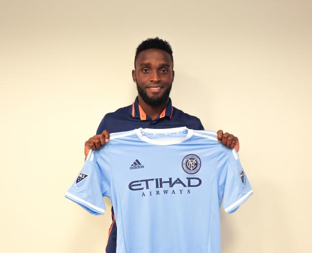 New York City FC Attacker Steven Mendoza Shows his Jersey