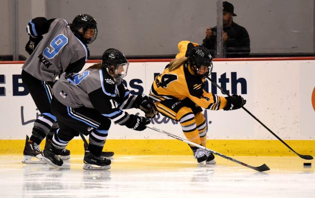 Brianna Decker of the Boston Pride Handles the Puck vs. the Buffalo Beauts