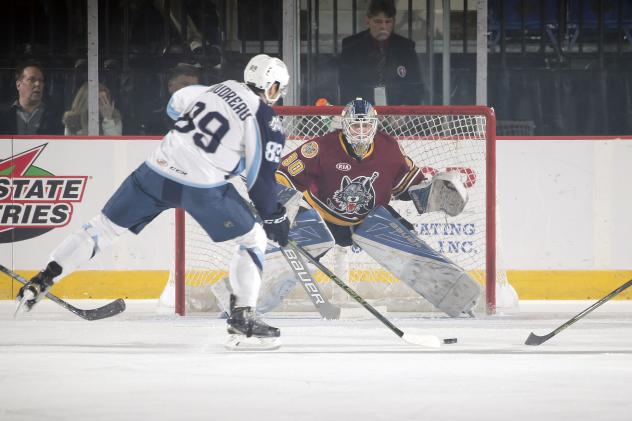 Chicago Wolves Goaltender Jordan Binnington Sets up to Stop the The Milwaukee Admirals