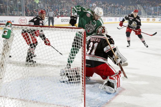 Chicago Wolves RW Jordan Caron Tries to Score vs. the Grand Rapids Griffins