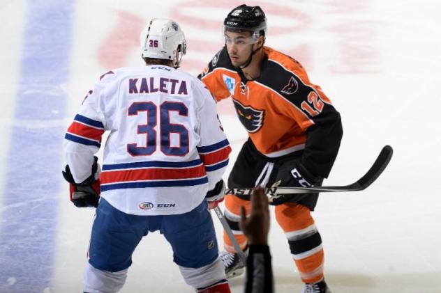 Patrick Kaleta of the Rochester Americans vs. Lehigh Valley Phantoms LW Tyrell Goulbourne