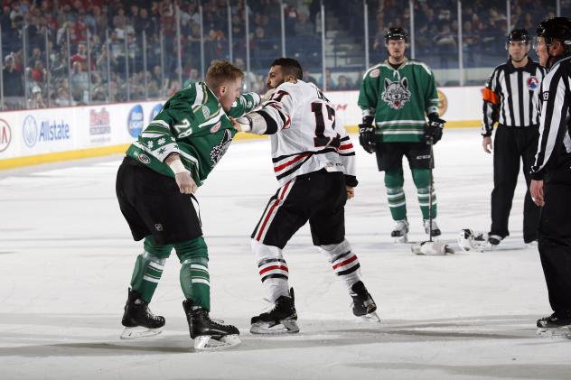 Chicago Wolves RW Jacob Doty vs. Mike Liambas of the Rockford IceHogs