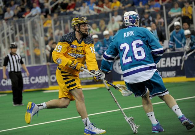 Jesse King of the Georgia Swarm Battles the Rochester Knighthawks
