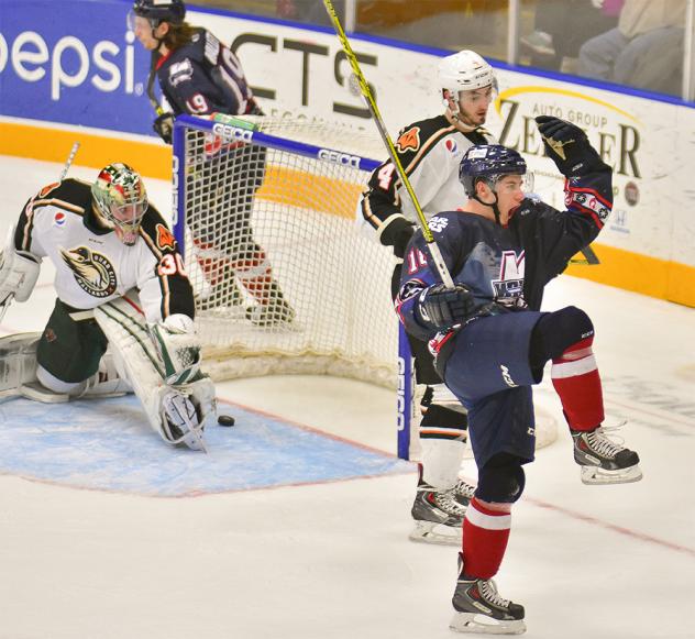 Kalamazoo Wings Centerman Curtis Valk Celebrates a Goal vs. the Quad City Mallards