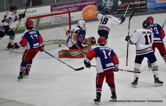 Johnstown Tomahawks Celebrate a Goal by Zak Galambos vs. the Aston Rebels