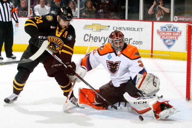 Lehigh Valley Phantoms Goaltender Martin Ouellette Stops the Providence Bruins