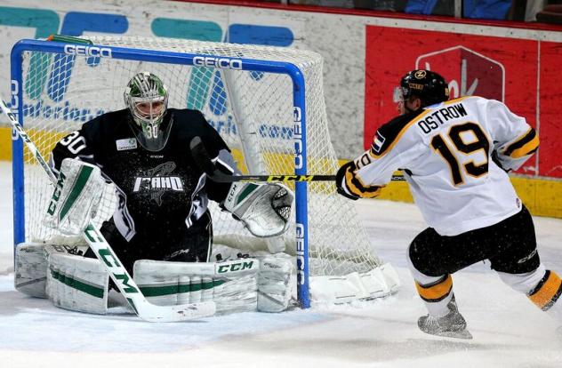Idaho Steelheads Goaltender Philippe Desrosiers Faces Colorado Eagles Forward Kyle Ostrow