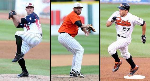 Pitcher Bobby Blevins, Pitcher Patrick Crider and Outfielder Anthony Vega of the Long Island Ducks