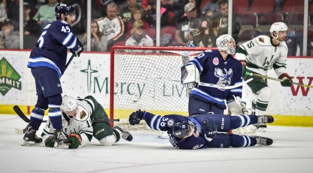 Iowa Wild and the Manitoba Moose Scramble in Front of the Manitoba Goal