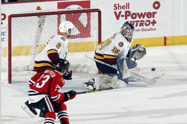 Chicago Wolves G Jordan Binnington Stops the Puck vs. the Rockford IceHogs
