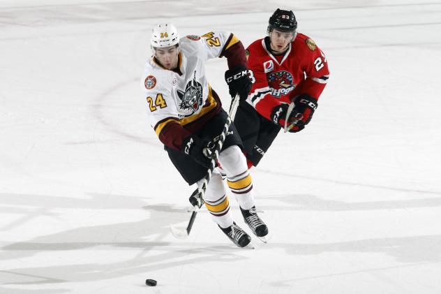 Chicago Wolves D Jordan Schmaltz Eyes the Puck vs. the Rockford IceHogs