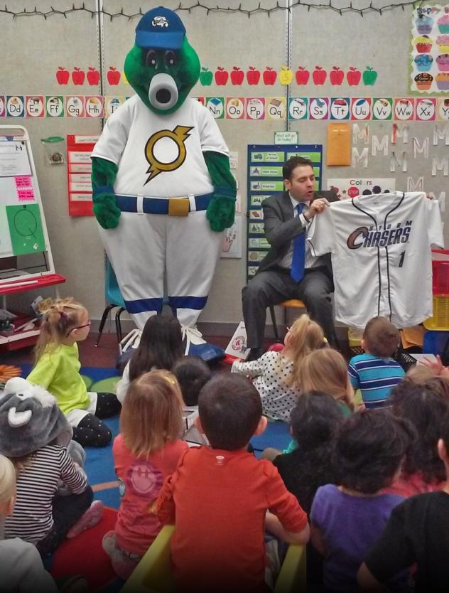Storm Chasers President & General Manager reading for Read Across America