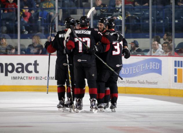 Lake Erie Monsters Celebrate a Goal vs. the Chicago Wolves