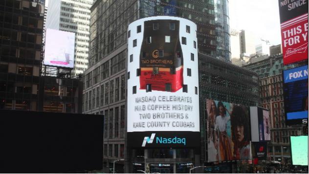 Kane County Cougars and Two Brothers Coffee Roasters on NASDAQ Building Display