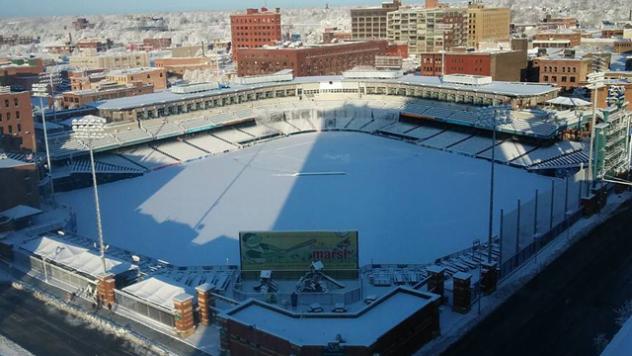 Snow Covers Fifth Third Field in Toledo, Home of the Toledo Mud Hens
