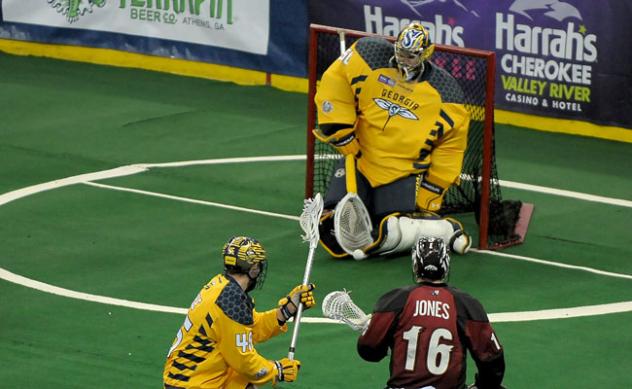 Georgia Swarm Goaltender Brodie MacDonald Stops a Colorado Mammoth Shot