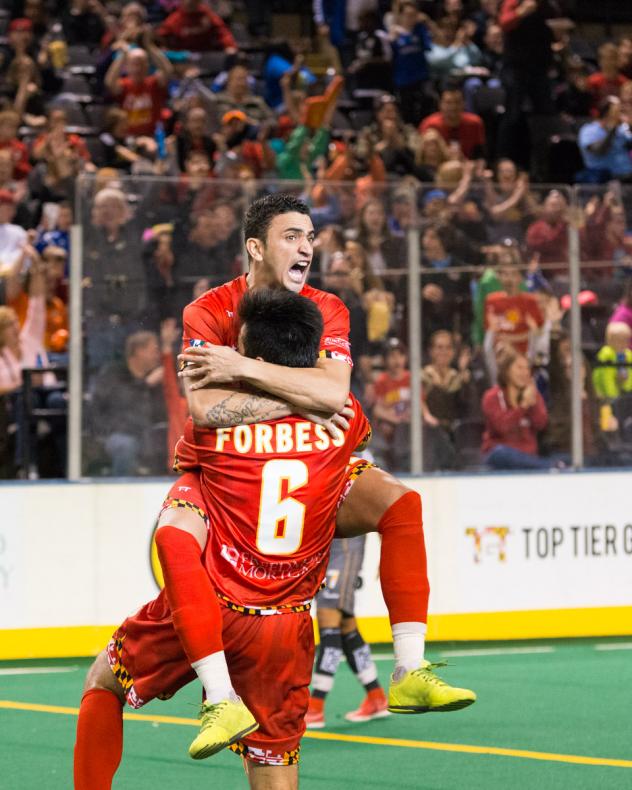 Juan Pereira and Kaoru Forbess of the Baltimore Blast Celebrate a Goal