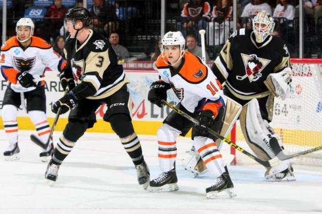 Lehigh Valley Phantoms Set up in Front of the Wilkes-Barre/Scranton Penguins Goal