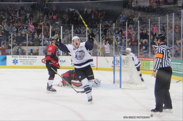 Evansville IceMen Forward Jordan Sims Celebrates a Goal