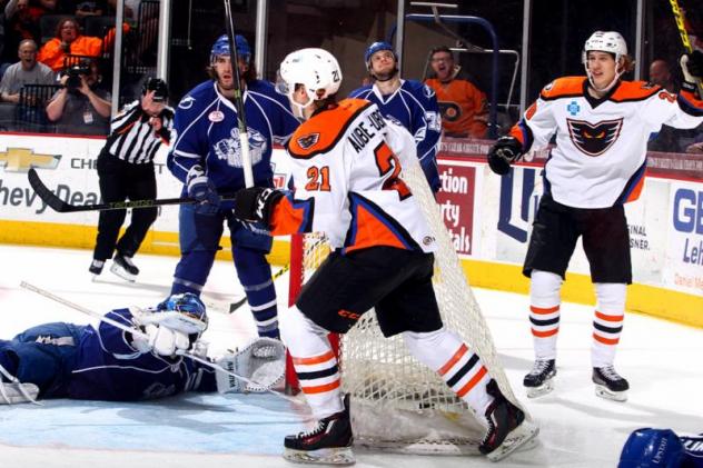 Nic Aube-Kubel of the Lehigh Valley Phantoms Celebrates his Goal vs. the Syracuse Crunch