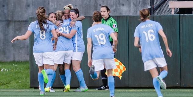 Sky Blue FC Celebrates a Week One goal by Tasha Kai