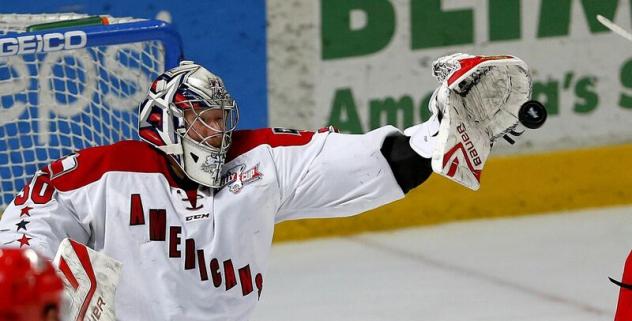 Allen Americans Golatender Riley Gill Makes a Glove Save