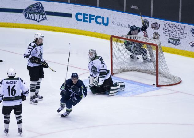 Alec Mehr of the Bloomington Thunder Scores vs. the Cedar Rapids RoughRiders
