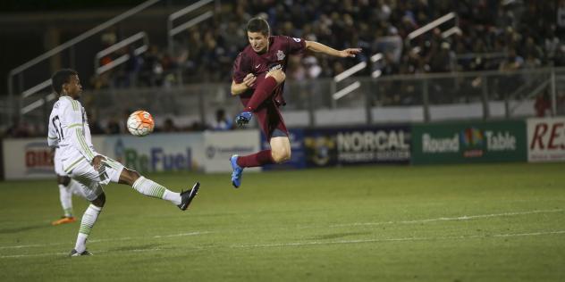 Sacramento Republic FC Jumps to Block a Seattle Sounders FC 2 Pass