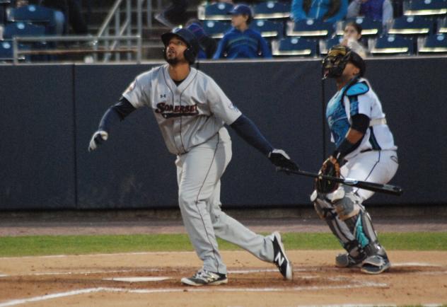 Matt Fields of the Somerset Patriots Watches his Home Run