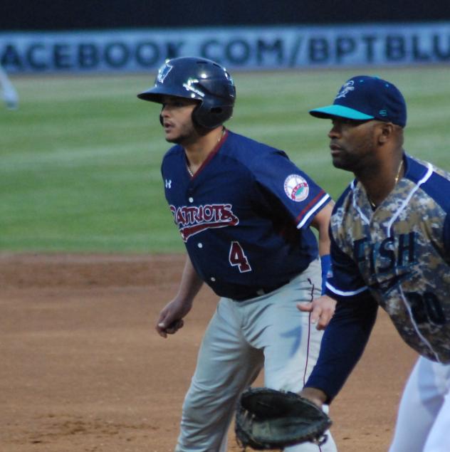 Yovan Gonzalez of the Somerset Patriots on Base vs. the Bridgeport Bluefish