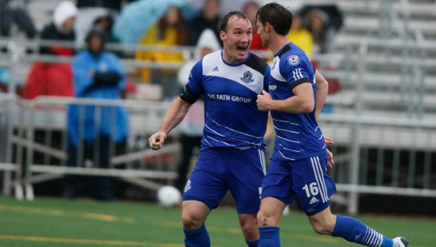 Daryl Fordyce of FC Edmonton Celebrates a Goal