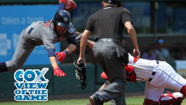Pawtucket Red Sox Catcher Dan Butler Tags out Carlos Alonso of the Lehigh Valley IronPigs