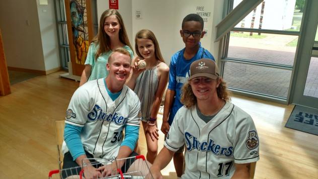 Garrett Cooper (30) and Josh Hader (17) of the Biloxi Shuckers at the Ohr-O'Keefe Museum of Art in Biloxi