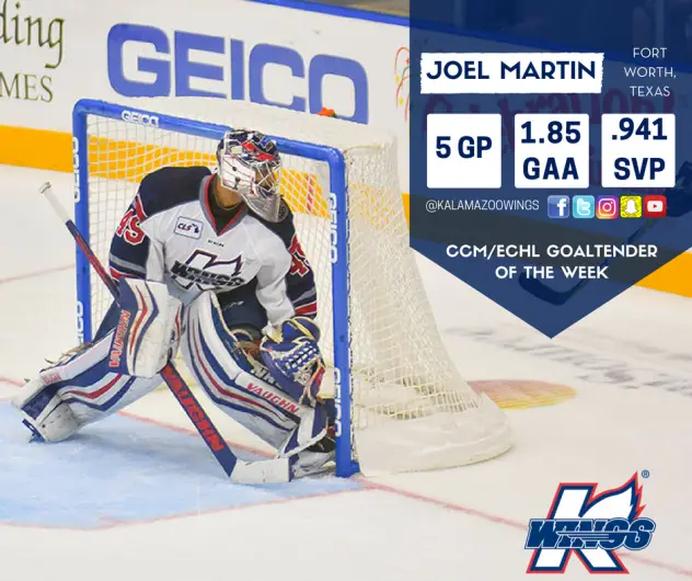 Joel Martin Named CCM/ECHL Goaltender of the Week
