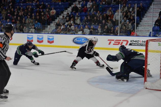 Ty Ronning of the Vancouver Giants Looks for an Opening against the Seattle Thunderbirds