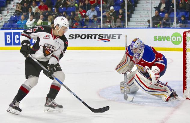 Tyler Popowich of the Vancouver Giants Faces Edmonton Oil Kings Goaltender Josh Dechaine