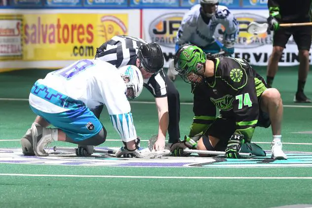 Rochester Knighthawks' Jake Withers vs. Saskatchewan Rush's Jeremy Thompson