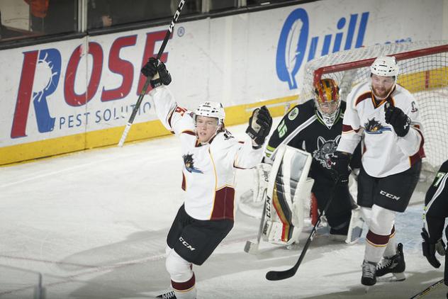 Cleveland Monsters Celebrate a Goal against the Chicago Wolves