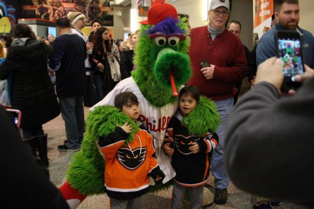 The Phillie Phanatic with Lehigh Valley Phantoms fans