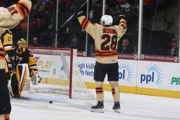 Oskar Lindblom of the Lehigh Valley Phantoms celebrates a goal vs. the Wilkes-Barre/Scranton Penguins