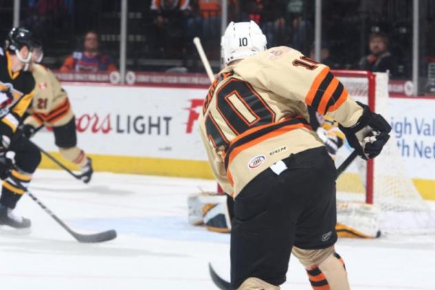 Greg Carey of the Lehigh Valley Phantoms faces the goal