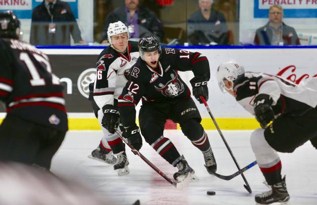 Vancouver Giants vie for the Puck against the Red Deer Rebels