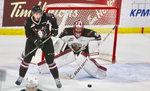 Vancouver Giants Goaltender David Tendeck minds the net vs. the Red Deer Rebels