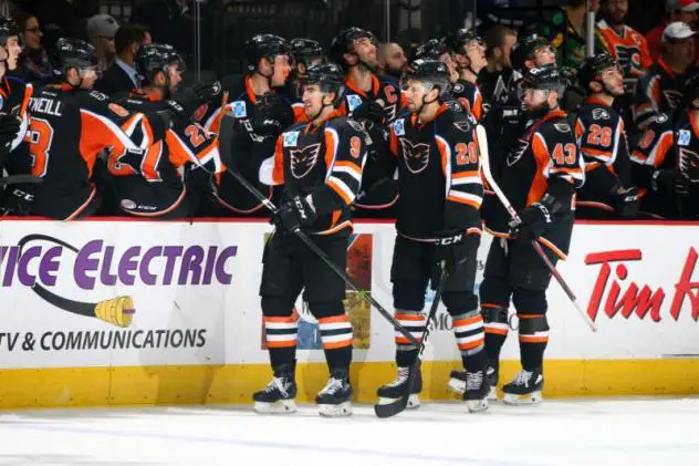Lehigh Valley Phantoms celebrate with the bench