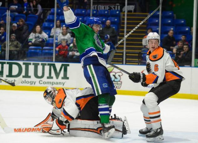 Lehigh Valley Phantoms play defense vs. the Utica Comets