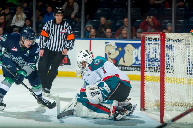 Kelowna Rockets Goaltender James Porter stops the Seattle Thunderbirds